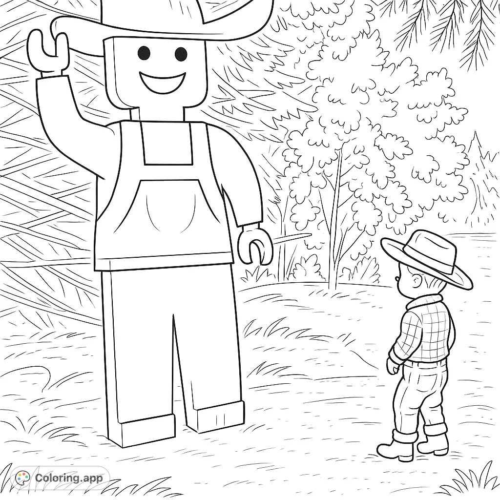 A charming scene of a child encountering a large, friendly wooden figure in a natural outdoor setting, perfect for imaginative coloring.