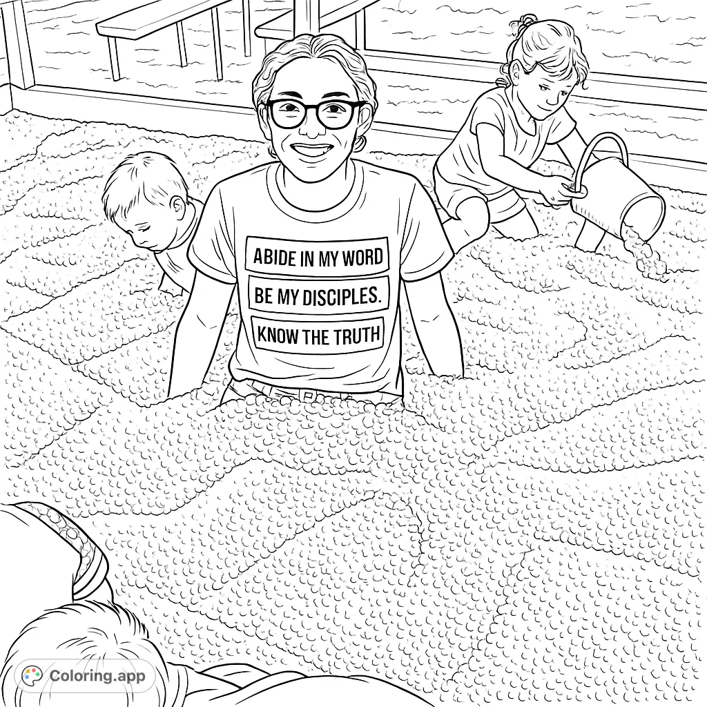Dive into a fun corn pit adventure! This coloring page features children playing in a large pit filled with kernels, perfect for a playful and engaging coloring experience.