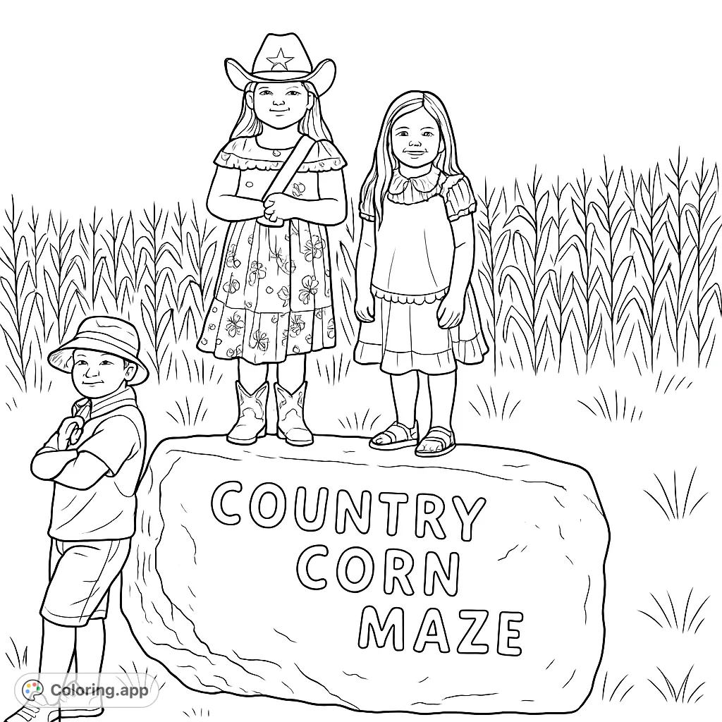 Three cheerful kids pose by a 'Country Corn Maze' rock, ready for adventure. A fun, free printable coloring page for farm and outdoor enthusiasts.