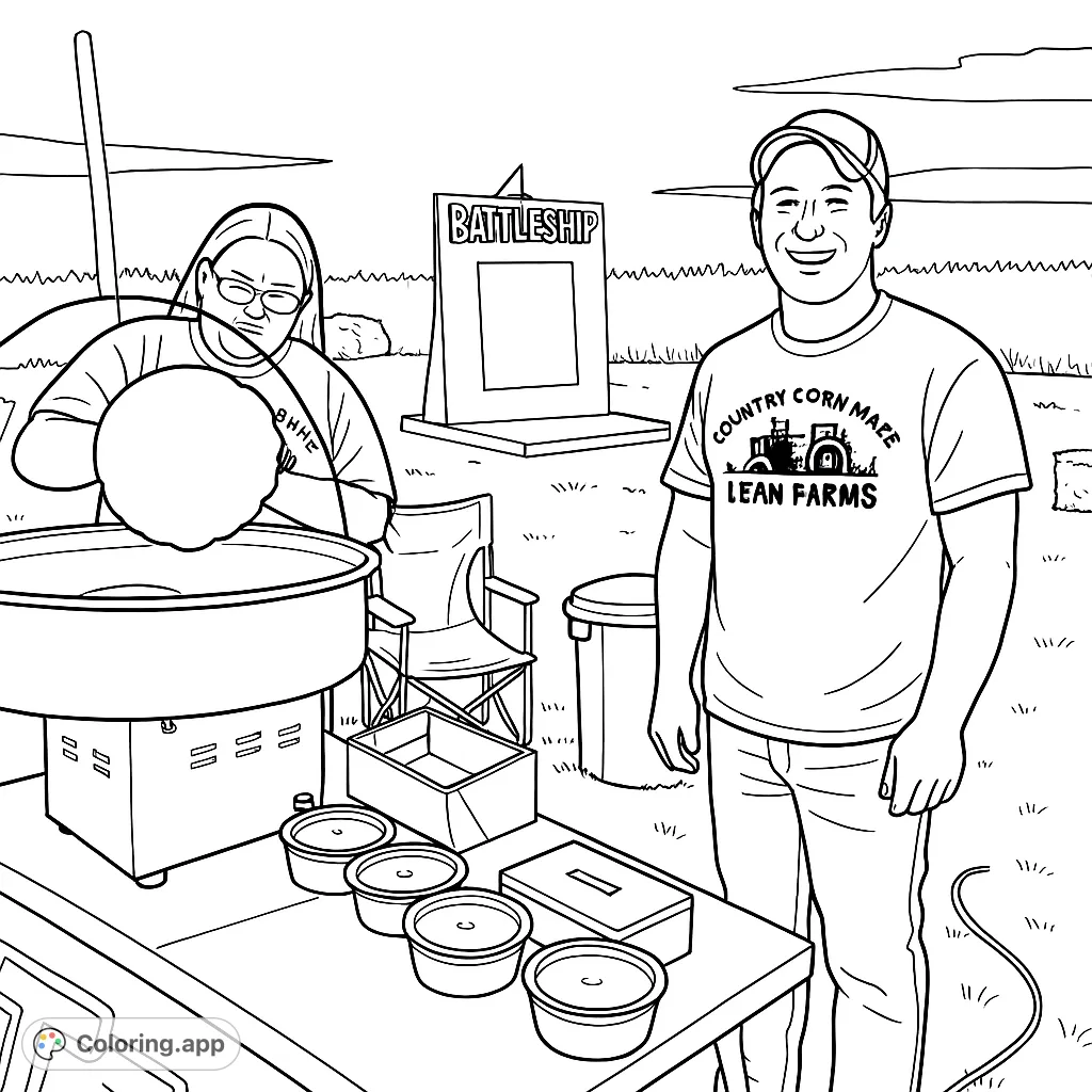 Enjoy a delightful corn maze scene featuring a cotton candy machine, smiling people, and a fun outdoor game. Perfect for farm-themed coloring!