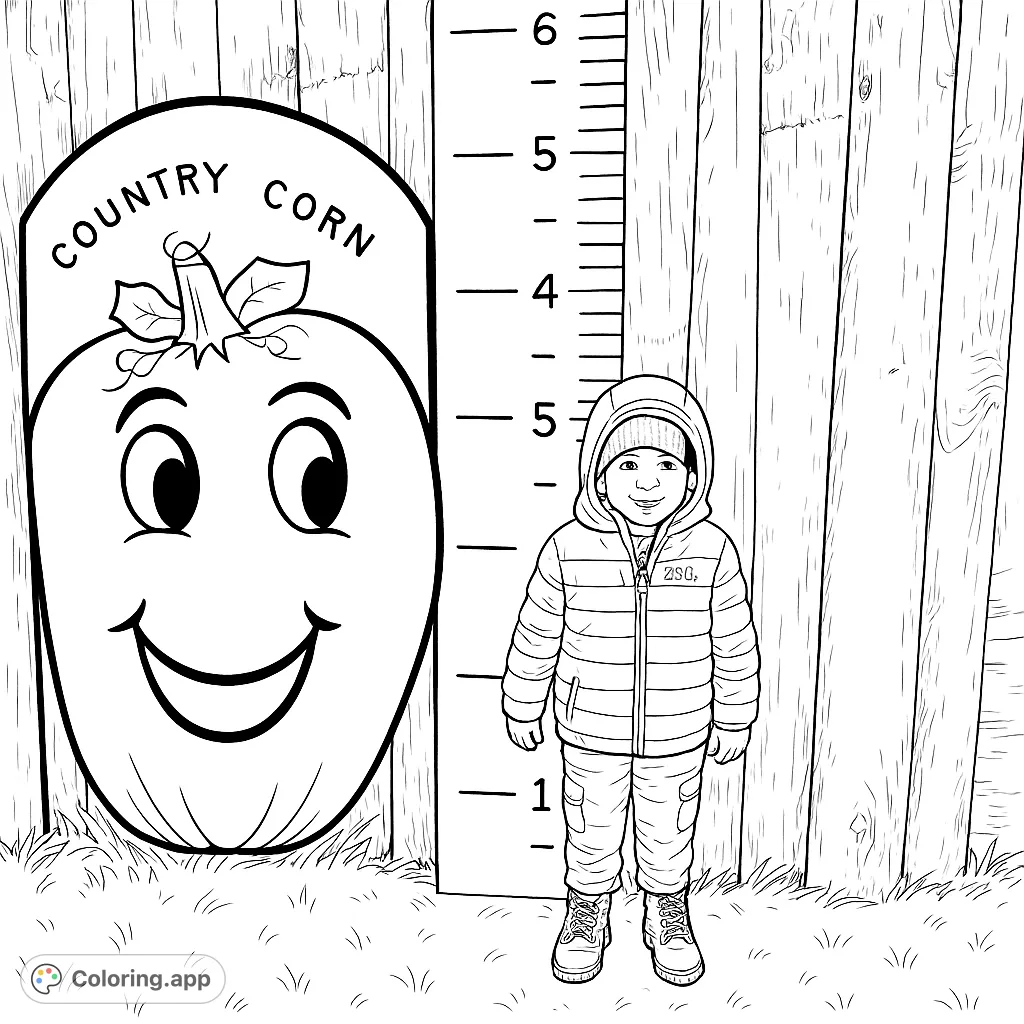 Capture a delightful corn maze memory: a smiling child beside a cheerful pumpkin figure and a fun height chart against a rustic fence backdrop. Perfect for autumn activities.