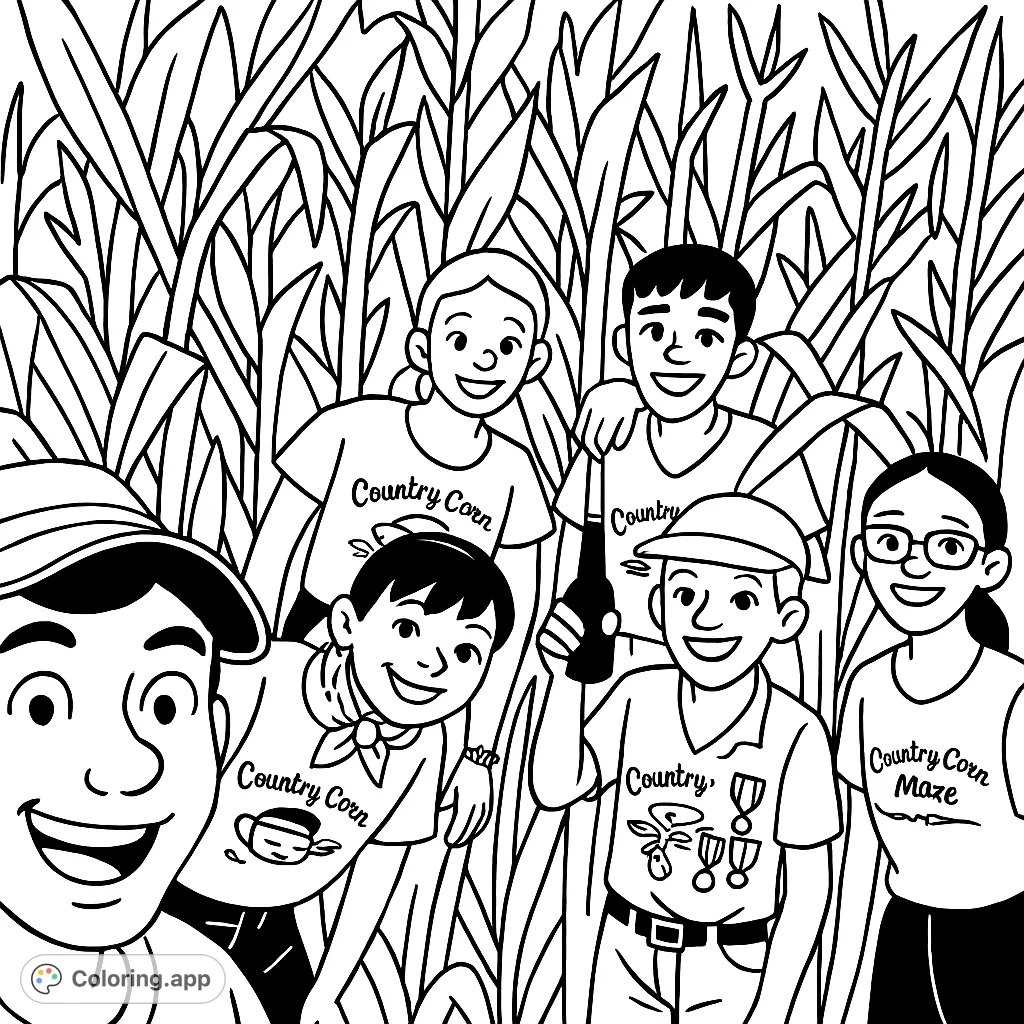 Join these cheerful kids on a cornfield adventure! A simple, cartoony coloring page with bold outlines, perfect for young artists exploring farm fun.