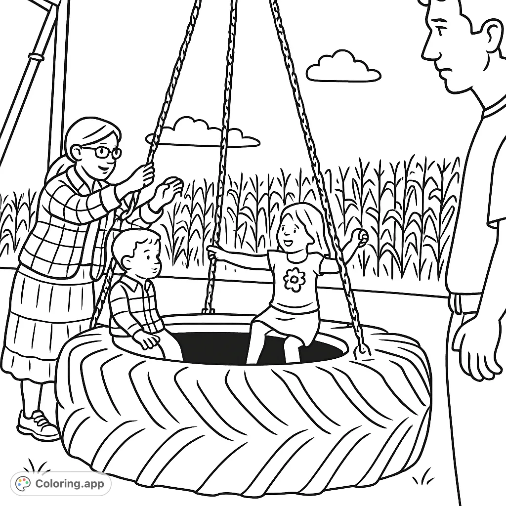 Enjoy coloring a lively outdoor scene with a family playing on a tire swing! Features a joyful moment in a simple, cartoony style.