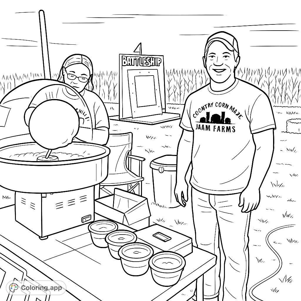 A bustling farm festival scene featuring cotton candy making, an outdoor game, and friendly faces amidst cornfields and hay bales. Perfect for a fun-filled day.