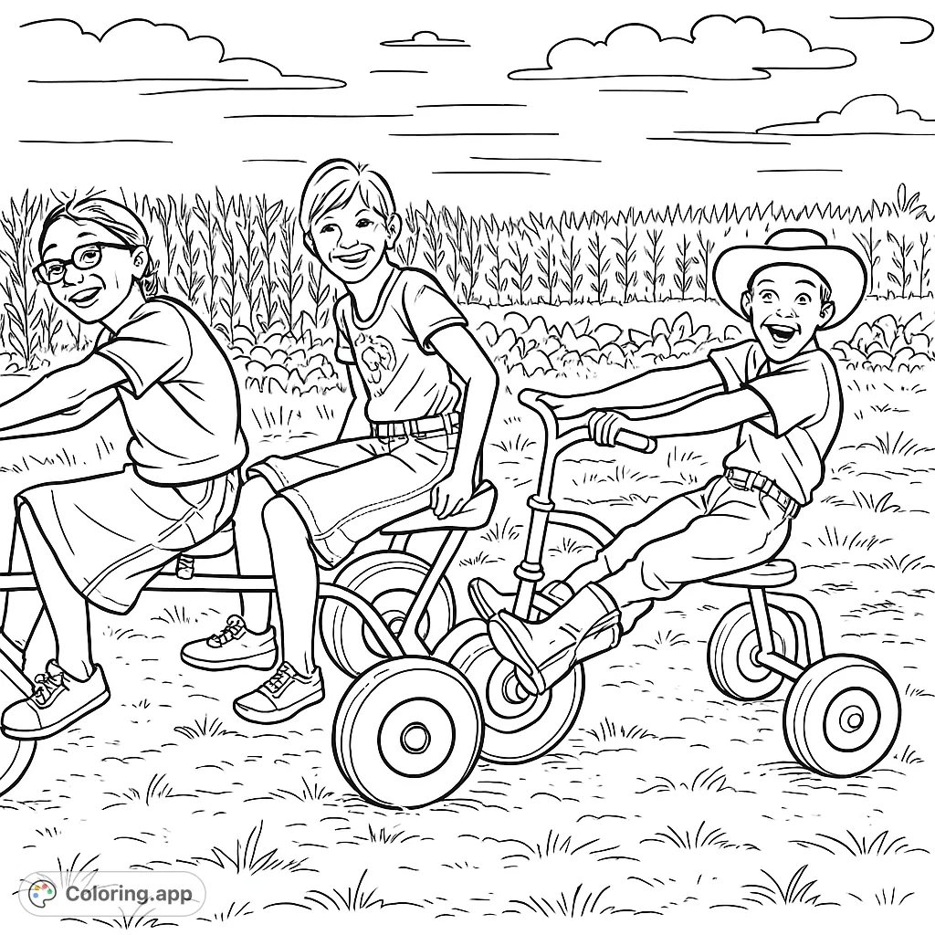 Join three cheerful friends on their pedal-powered farm adventure! A fun scene with unique vehicles, a vast crop field, and playful energy.