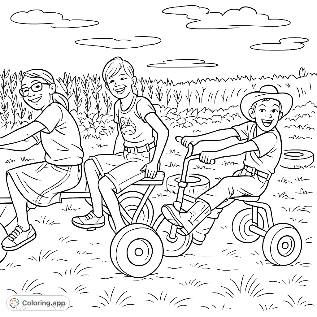 Three happy children enjoy a sunny day riding pedal-powered vehicles in a field with tall crops. A fun farm adventure coloring page for all ages!
