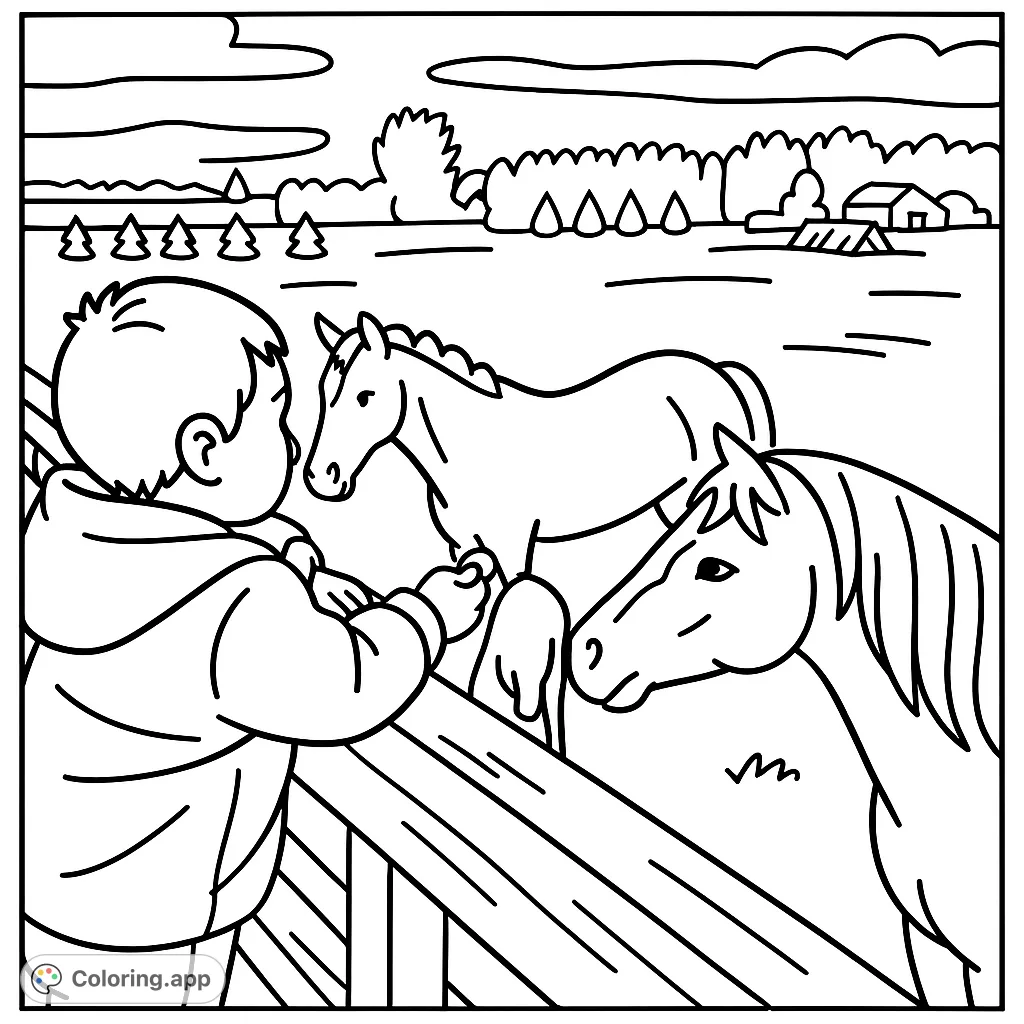 A heartwarming scene of a child interacting with friendly horses and a donkey by a wooden fence in a vast field, perfect for a cartoony farm animals coloring page.