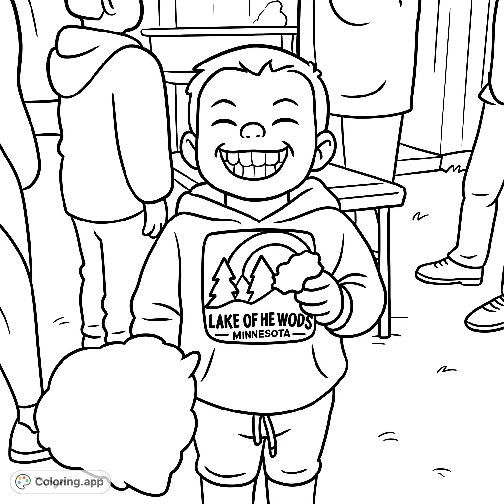 Capture the joyful expression of a child holding fluffy spun sugar treats at a fun outdoor event. A simple and cheerful carnival scene.