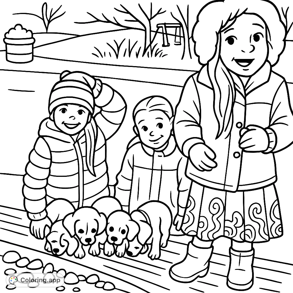 A heartwarming coloring page featuring three smiling girls with a group of adorable puppies on a wooden log. Perfect for young animal lovers!