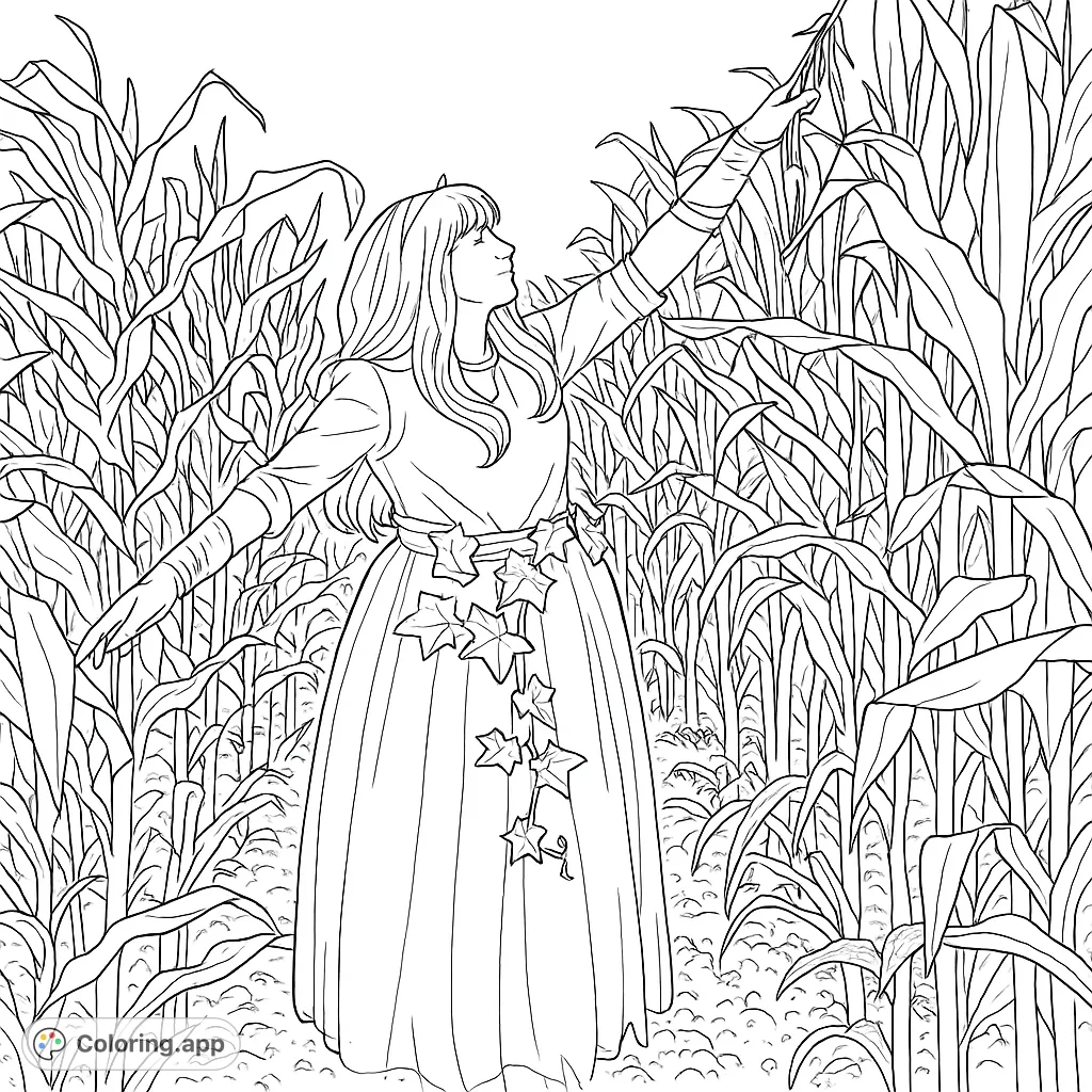 A whimsical princess with a flowing skirt and vine accents stands joyfully in a tall cornfield, reaching for festive streamers. Perfect for fall creativity.