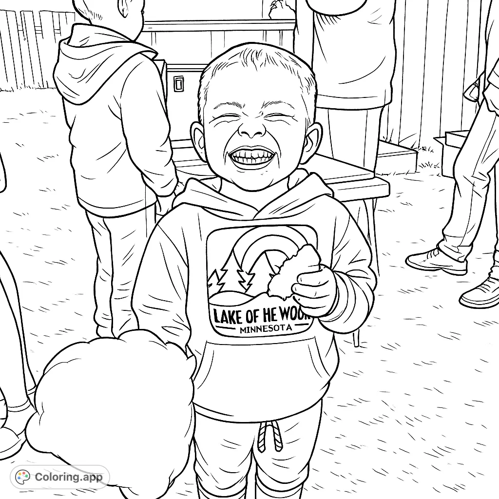 Capture pure delight with this charming coloring page featuring a happy boy, eyes squeezed shut in a wide grin, holding fluffy cotton candy at an outdoor event.