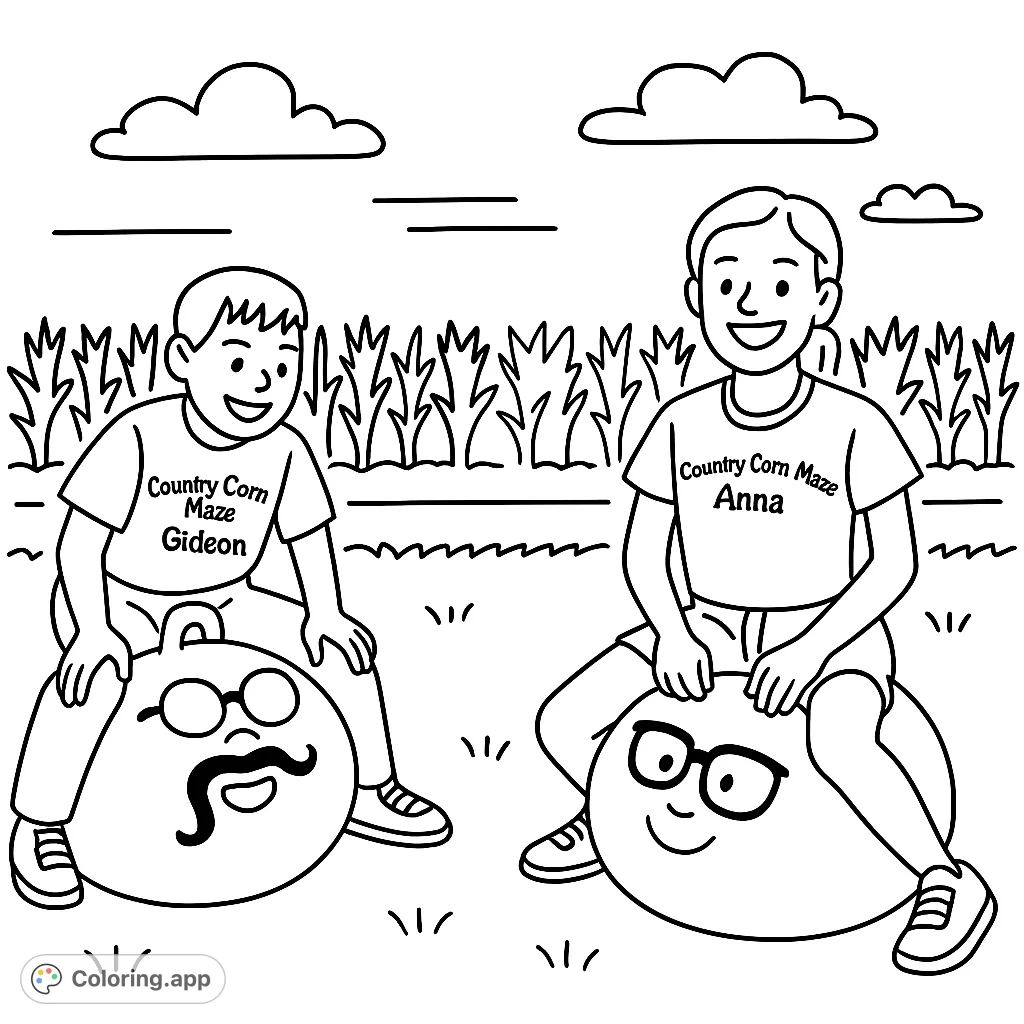 A cheerful farm fun coloring page featuring two kids on hopping balls in a cornfield. Perfect for playful creativity and bright colors!