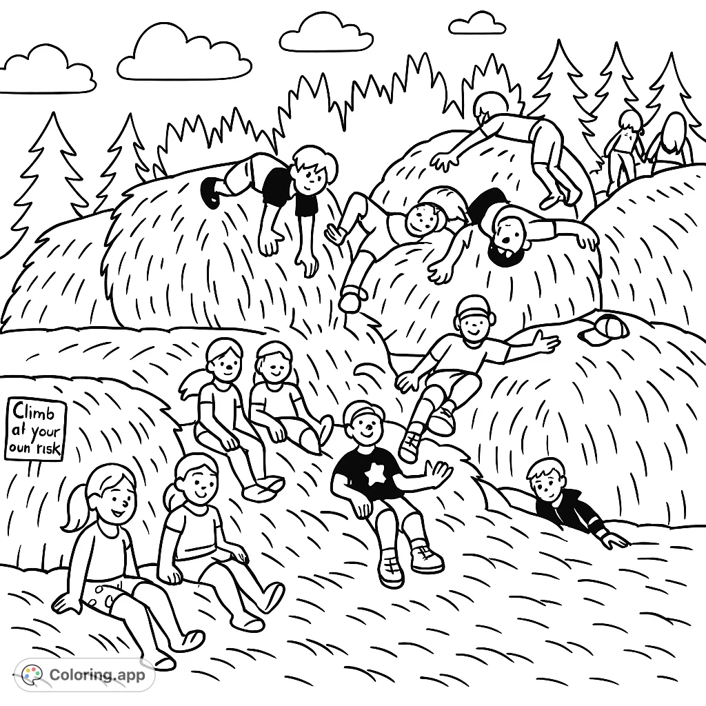 A lively group of children enjoying playtime on a towering stack of hay bales, set against a backdrop of trees and a vast sky. Perfect for farm-themed fun and imaginative coloring.
