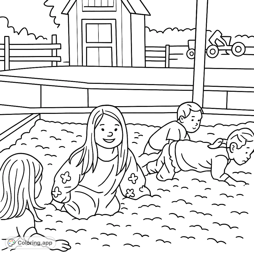 Delightful farm-themed coloring page featuring four cheerful children immersed in a fun corn pit, perfect for young artists to explore farm play.