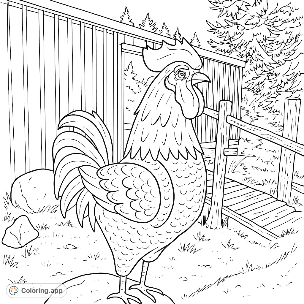 Color a majestic rooster statue with intricate feather details and a patterned body, set against a rustic barn and fence. A charming farm animal coloring page.