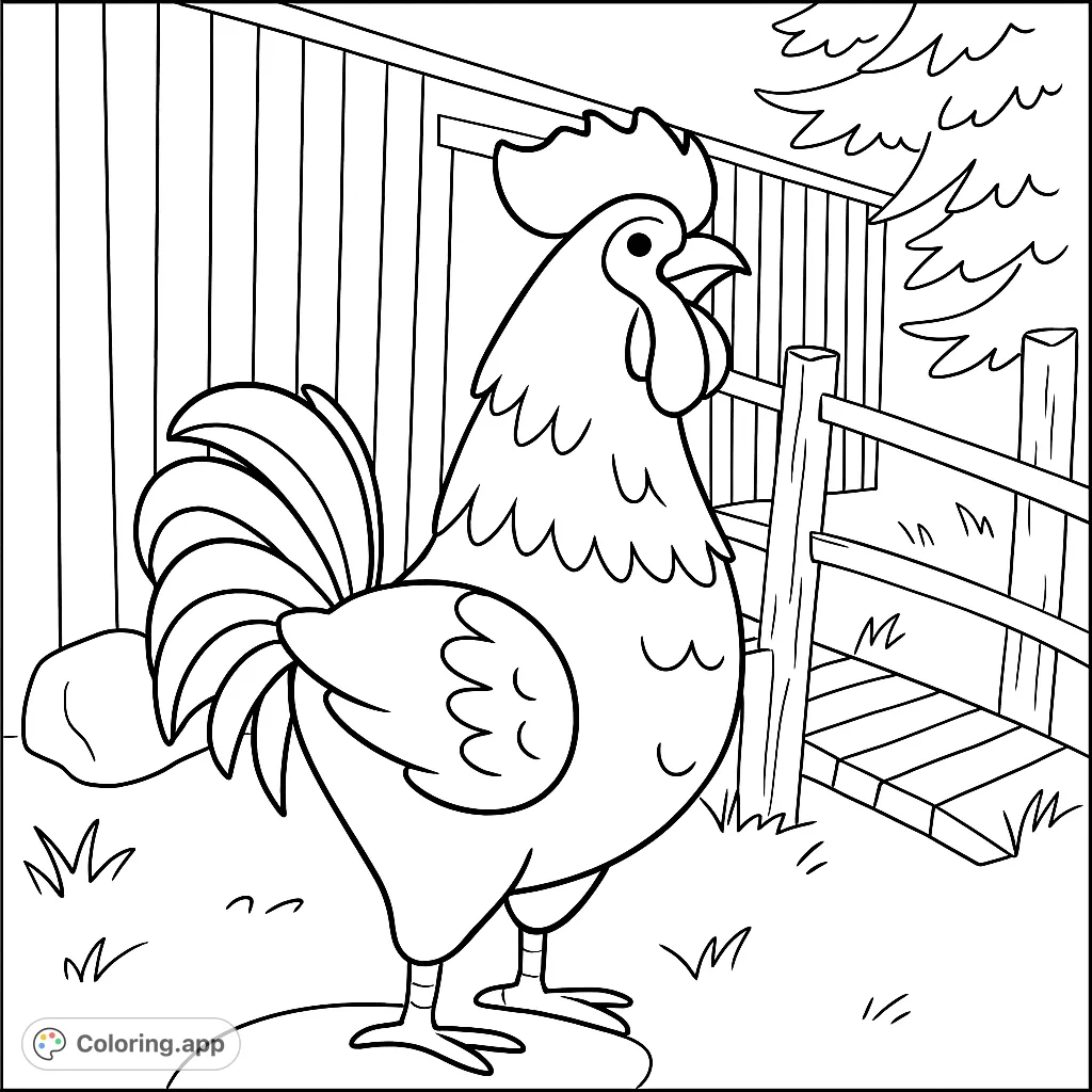 A proud rooster stands before a rustic barn and fence. This easy rooster coloring page is a free printable for kids and adults, perfect for farm animal fun.