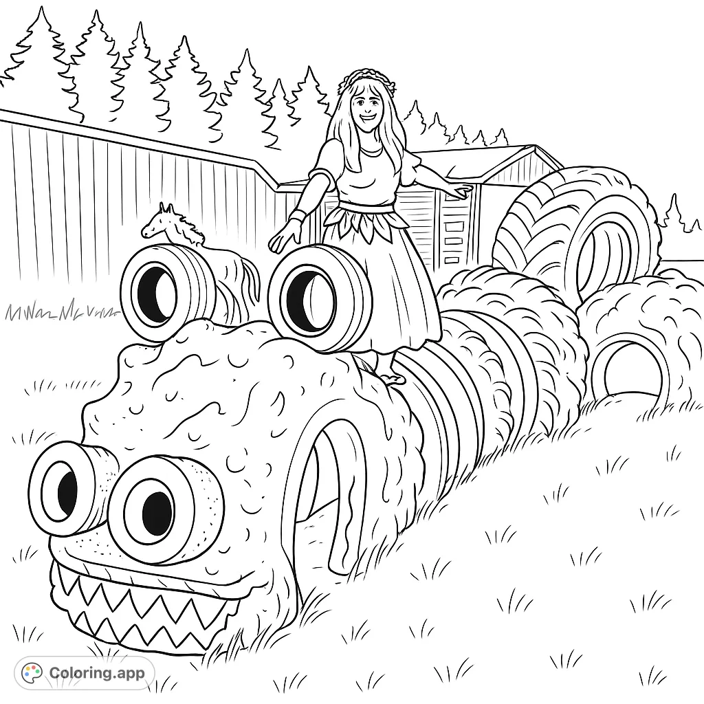 A festive figure on a tire monster. This unique coloring page features a whimsical character posing on a large, segmented creature, perfect for creative fun.