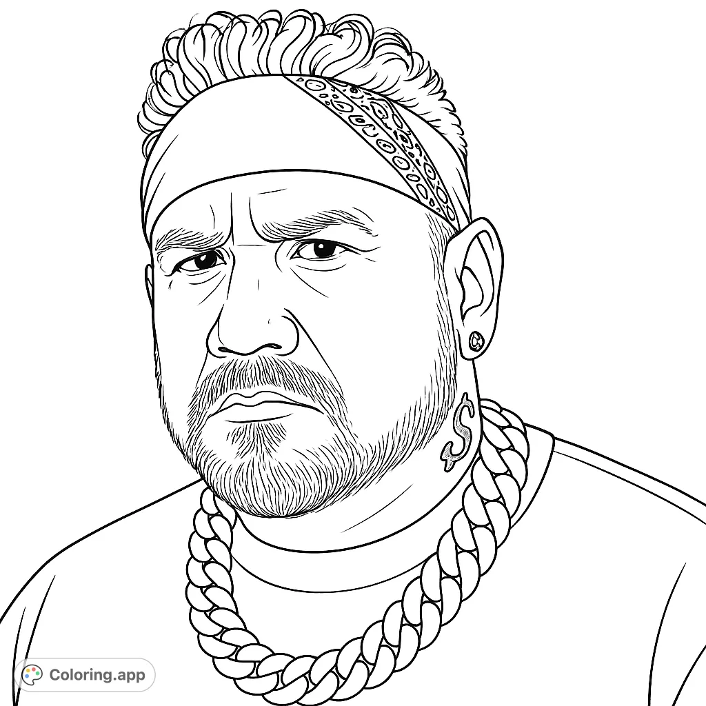 A striking portrait of a man with a patterned bandana, curly hair, a beard, and a prominent, detailed chain necklace. Perfect for expressive coloring.