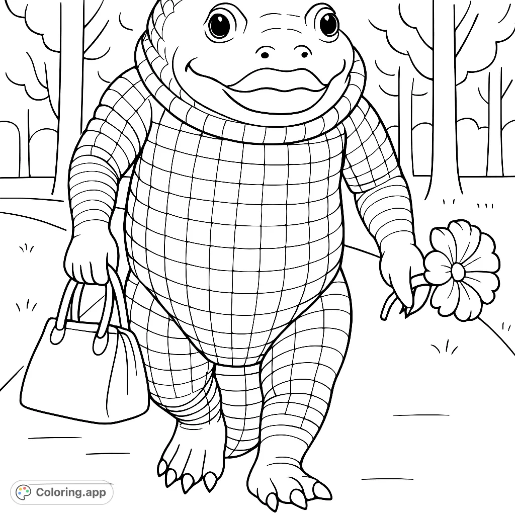 A whimsical reptilian creature struts with a stylish handbag and a delicate flower, ready for a colorful adventure. Perfect for creative minds!