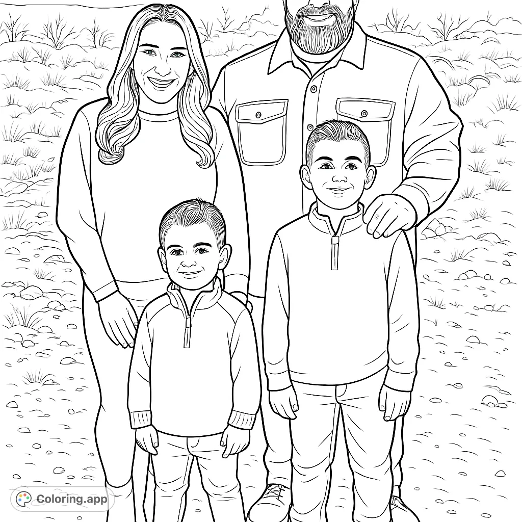 Capture the warmth of a family portrait with four smiling figures in an outdoor landscape. A heartwarming family coloring page for all ages.