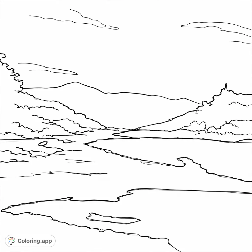 A serene landscape featuring a calm water body, rolling hills, and majestic distant mountains under a peaceful sky, perfect for a relaxing coloring experience.