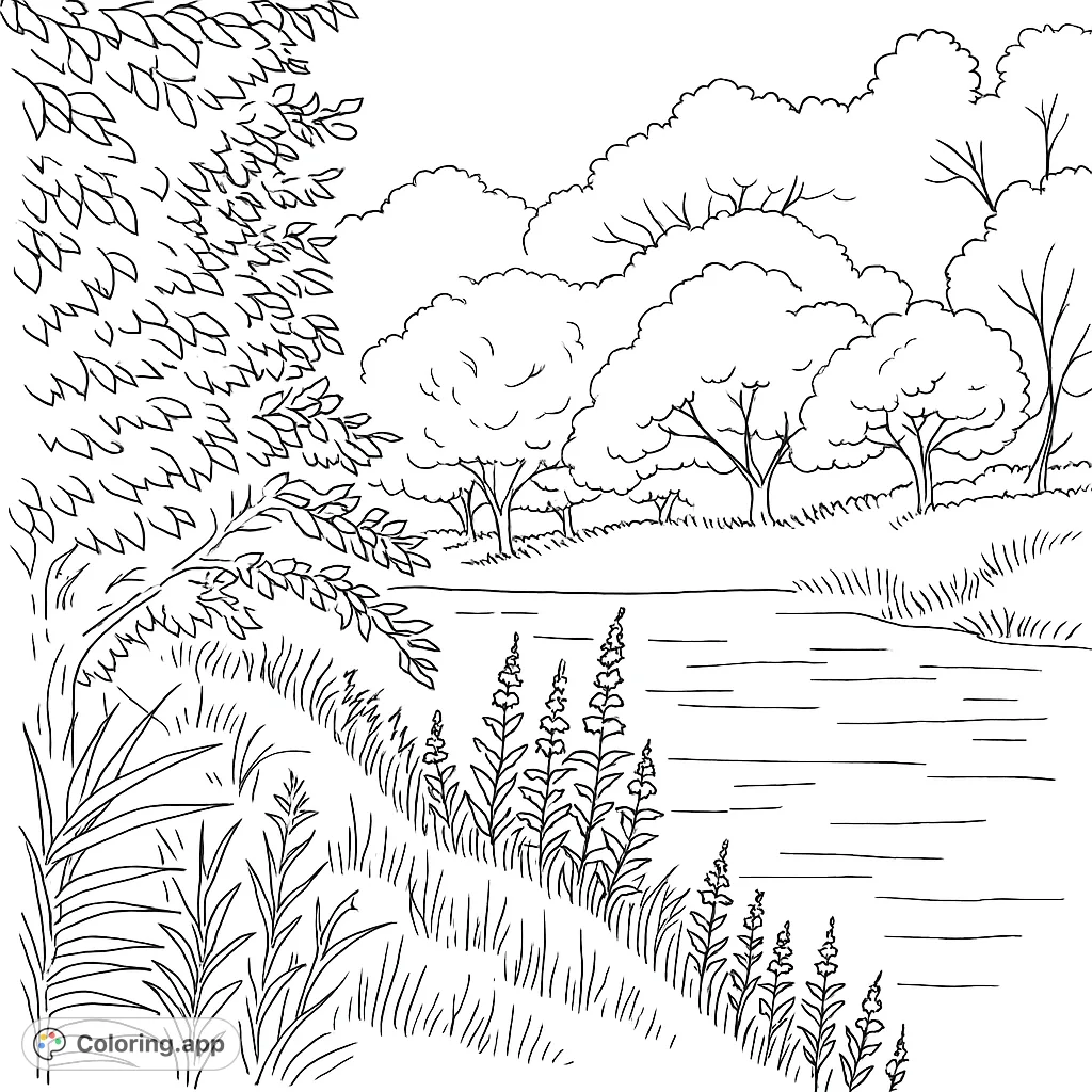 A detailed woodland landscape featuring a tranquil river, lush trees, and vibrant foreground plants. Perfect for nature enthusiasts.