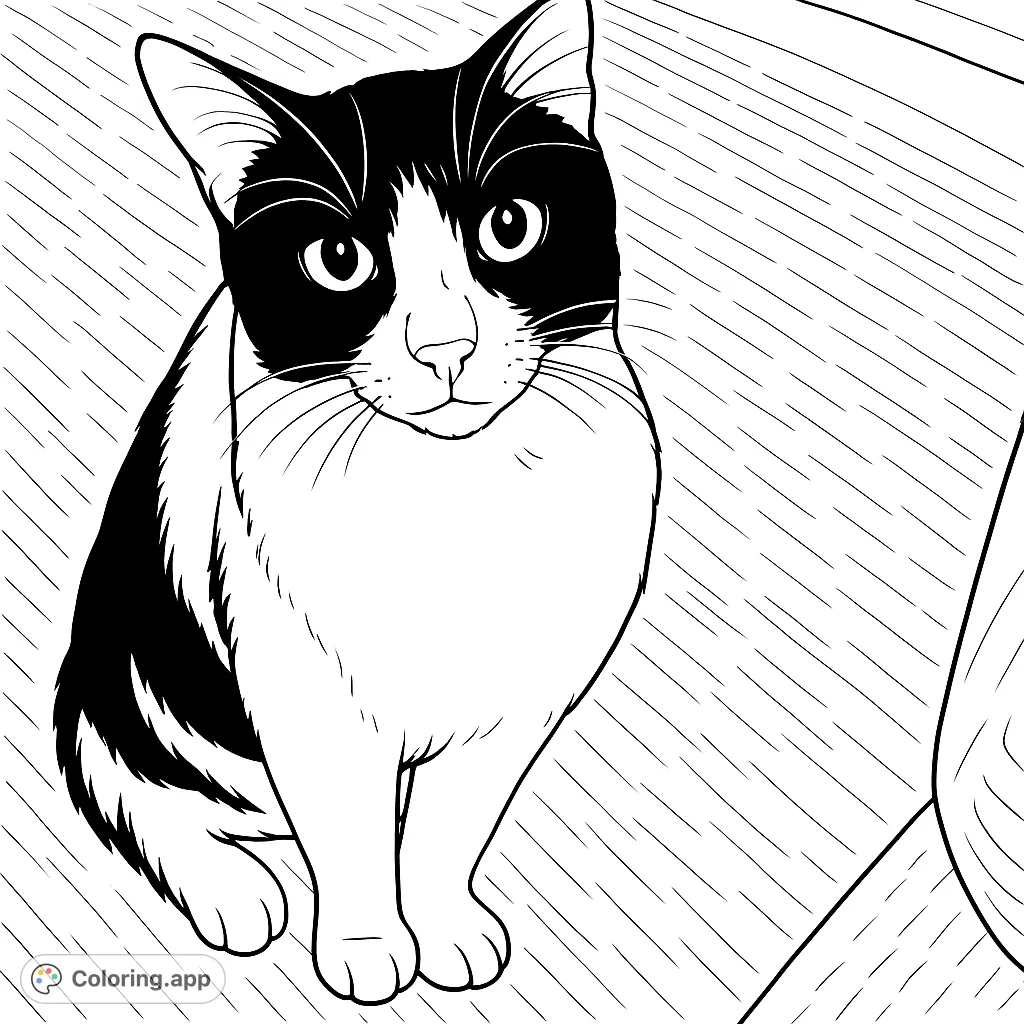 A charming cat with striking facial markings sits attentively, ready for a splash of color on a textured background. Perfect for animal lovers!