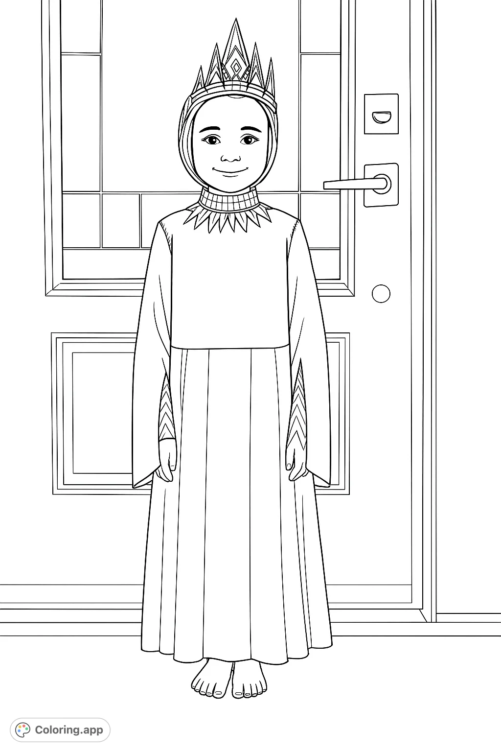 A delightful coloring page featuring a child in a regal, pointed crown and flowing robe. Perfect for imaginative play and creative expression.