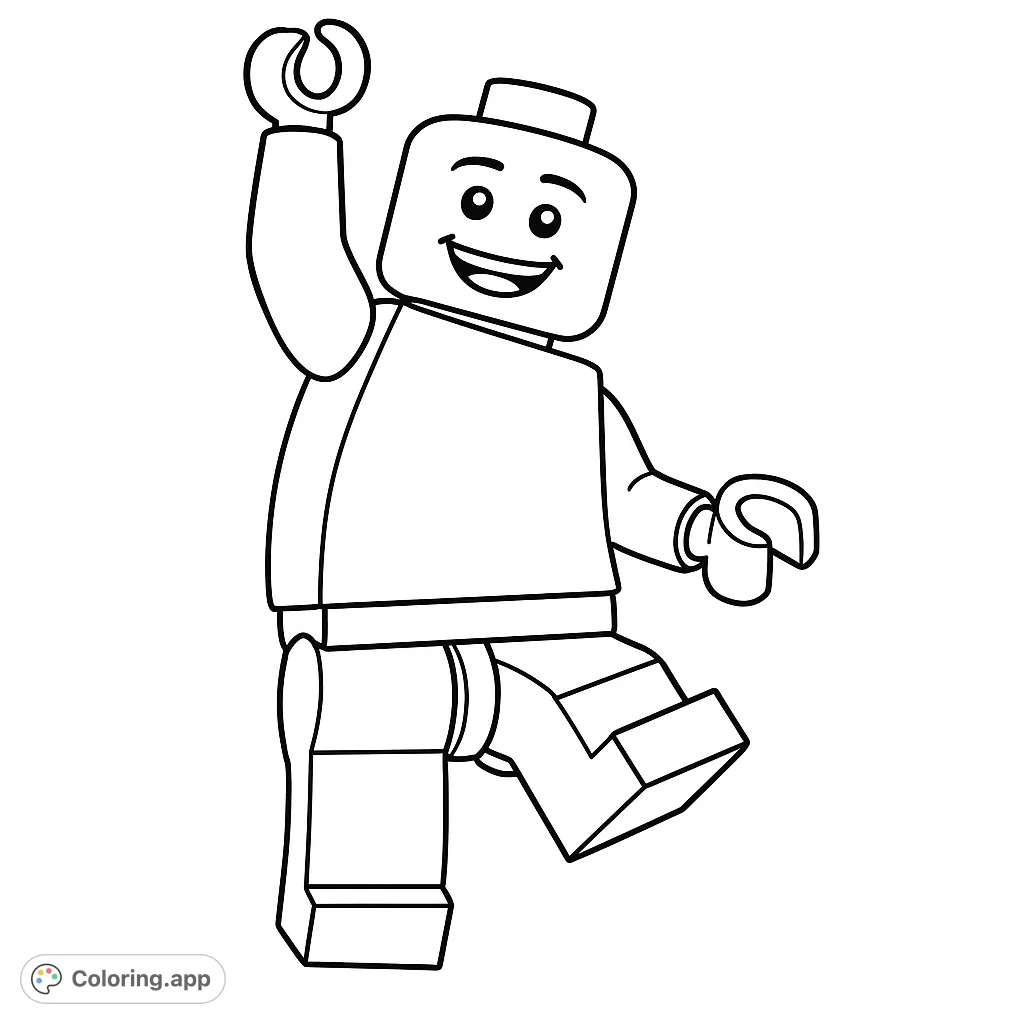A cheerful block figure strikes a dynamic pose, ready for creative coloring fun. Perfect for fans of building toys and imaginative play.