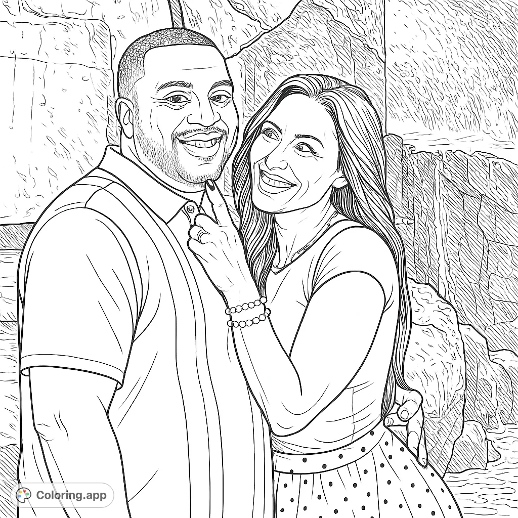A joyful couple shares a tender moment by a cascading waterfall. This heartwarming scene offers a delightful coloring experience for all ages.