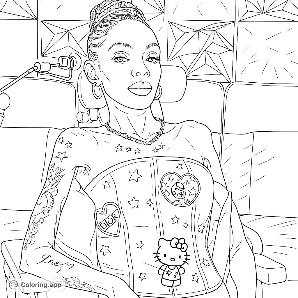 A stylish individual with a braided updo and intricate tattoos, wearing a unique strapless top adorned with various patches, seated against a geometric wall.