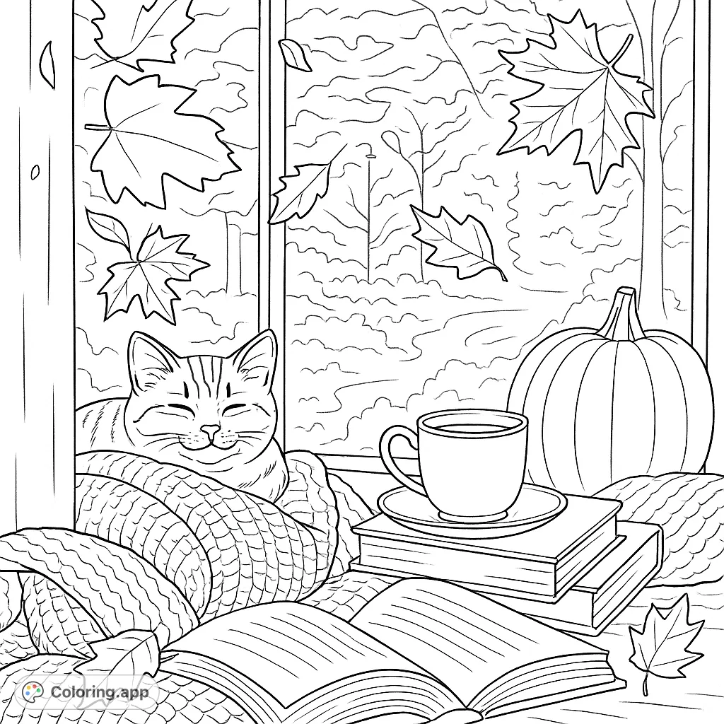 Snuggle up with this charming autumn window scene featuring a sleeping cat, pumpkin, and warm beverages. A perfect fall coloring page for relaxation.