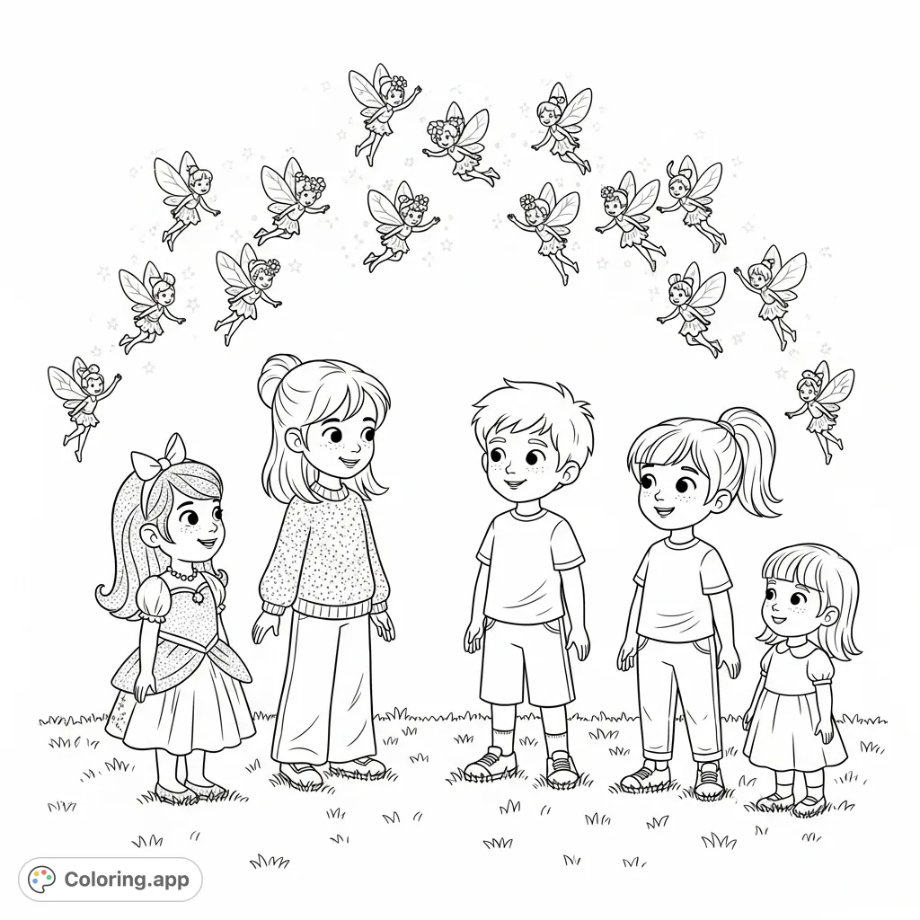 A whimsical scene featuring five children on a lawn, surrounded by dozens of tiny, glowing fairies with intricate wings and floral details. A magical fantasy.