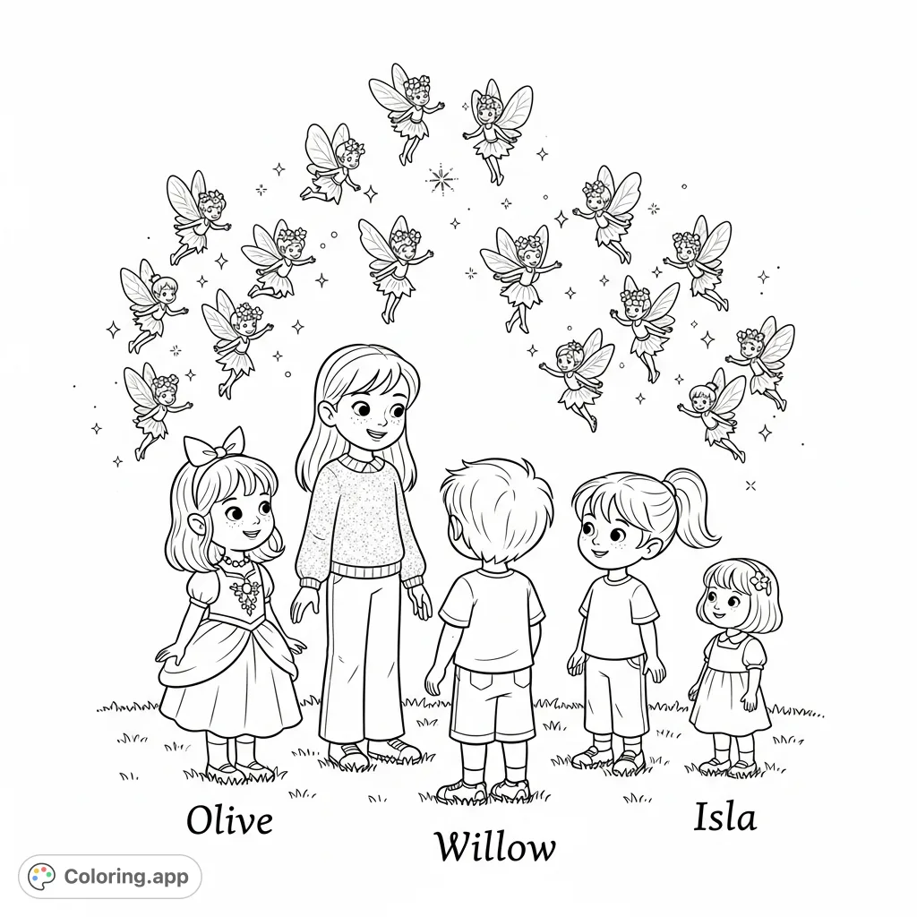 An enchanting fairy coloring page featuring five children, Olive, Willow, Asher, Jada, and Isla, surrounded by dozens of tiny, glowing fairies on a lawn.