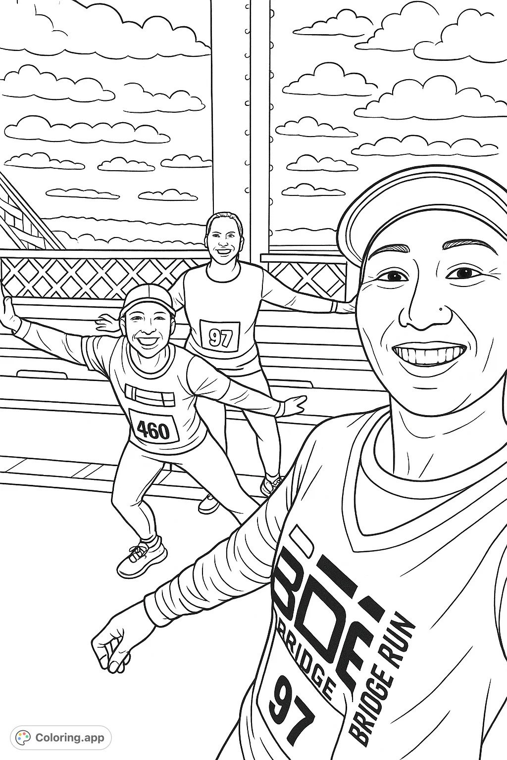 Three cheerful runners pose on a scenic bridge, celebrating their achievement. A fun, active scene perfect for coloring enthusiasts.