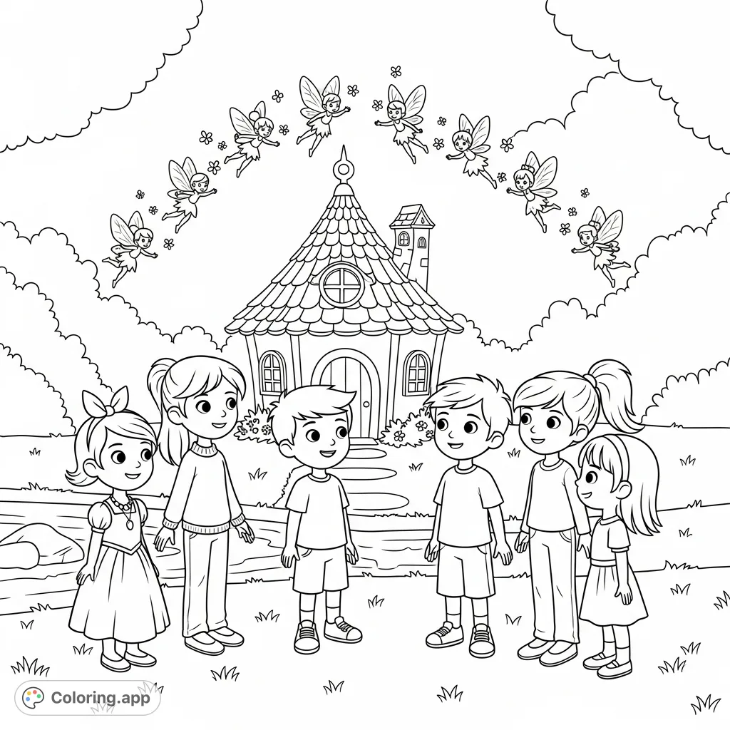 A magical fairy house coloring page featuring five children amazed by a dozen tiny, winged fairies on a lawn beside a creek and trees.