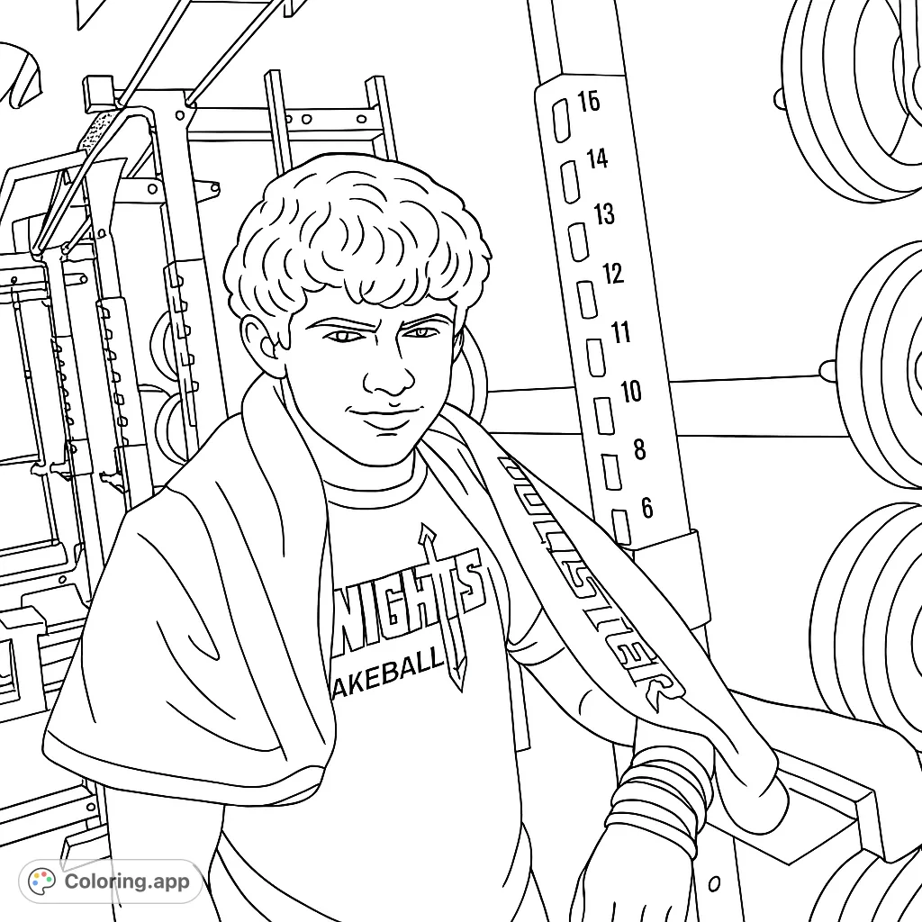 A dynamic gym athlete portrait, perfect for sports enthusiasts. Features a young person with gym equipment, offering a fun and engaging coloring experience.