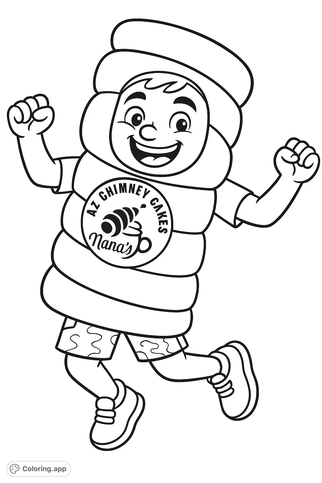 A joyful cartoon character in a chimney cake costume, jumping with excitement. Perfect for a fun food-themed coloring adventure!