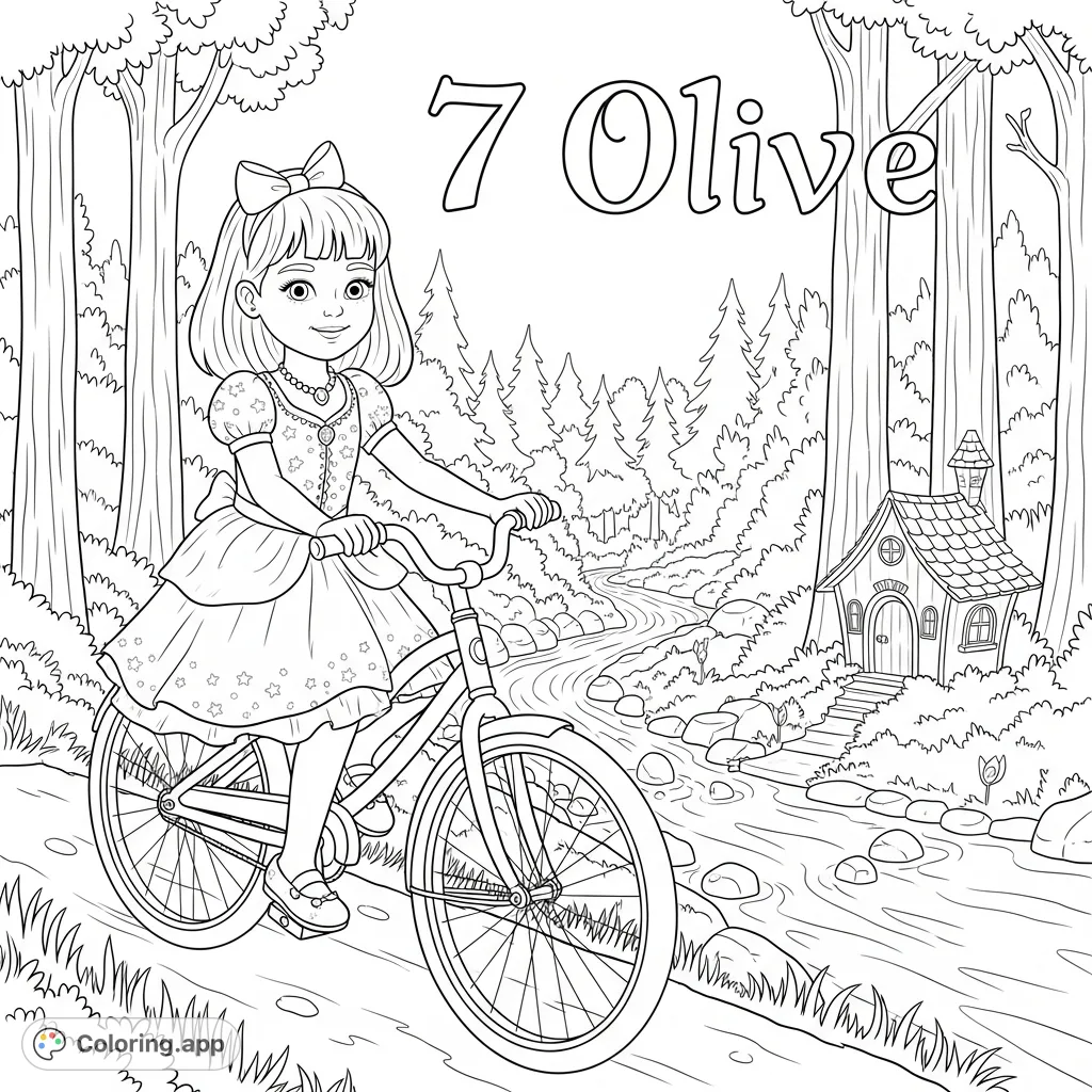 Join Olive, a young girl in a princess dress, as she bikes along a creek trail past a charming fairy house. A delightful scene for imaginative coloring.
