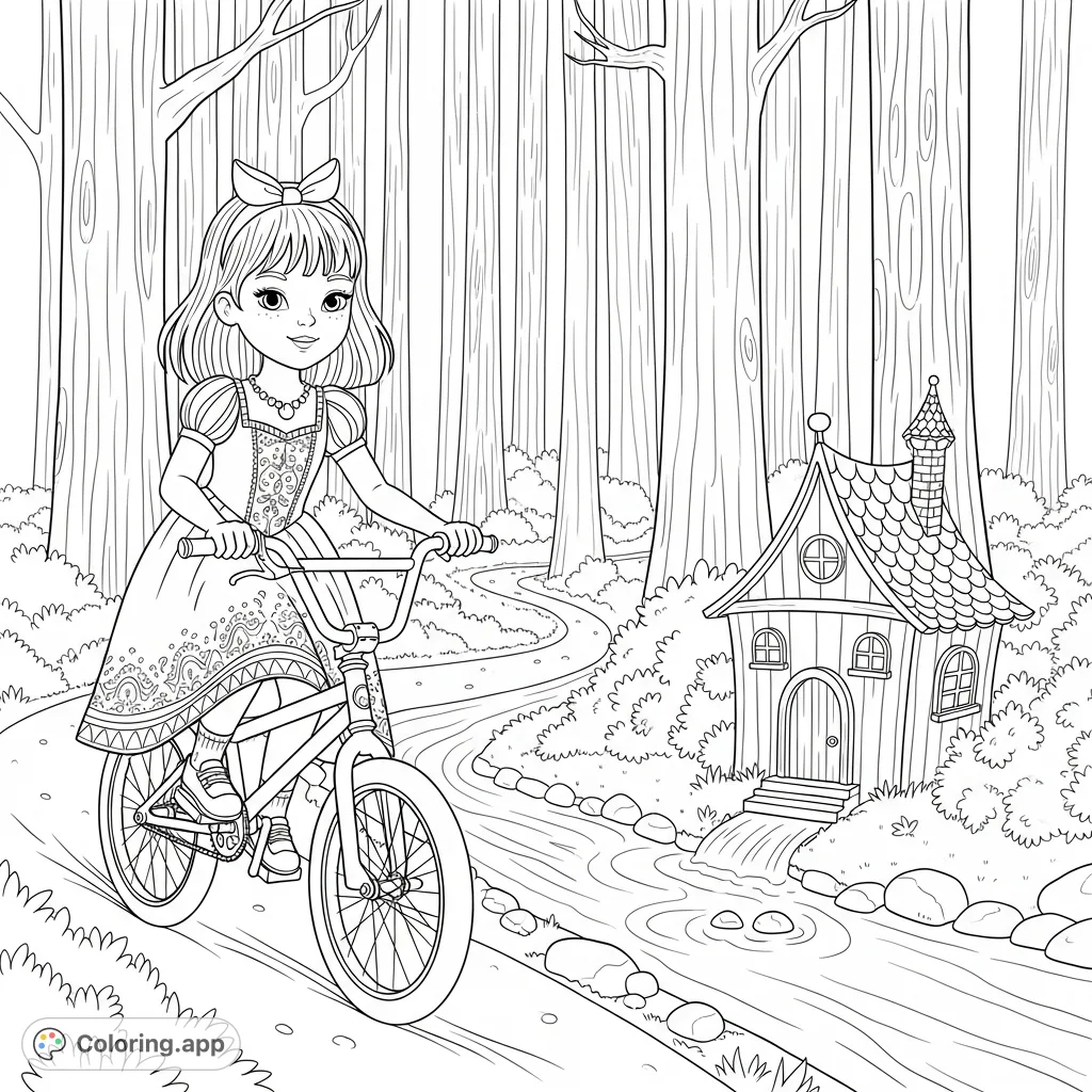 Join Olive, a 7-year-old princess, on her BMX adventure along a winding creek trail, past a charming fairy house. A delightful scene for imaginative coloring.