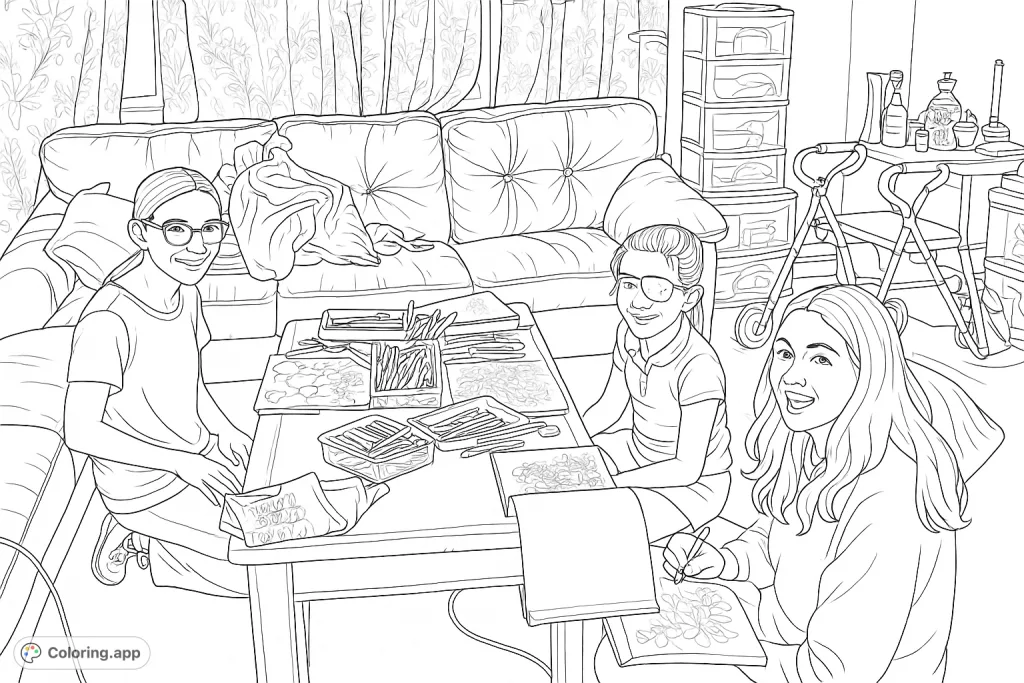 A heartwarming scene of three friends enjoying a creative coloring session around a coffee table, surrounded by art supplies and a cozy living room.