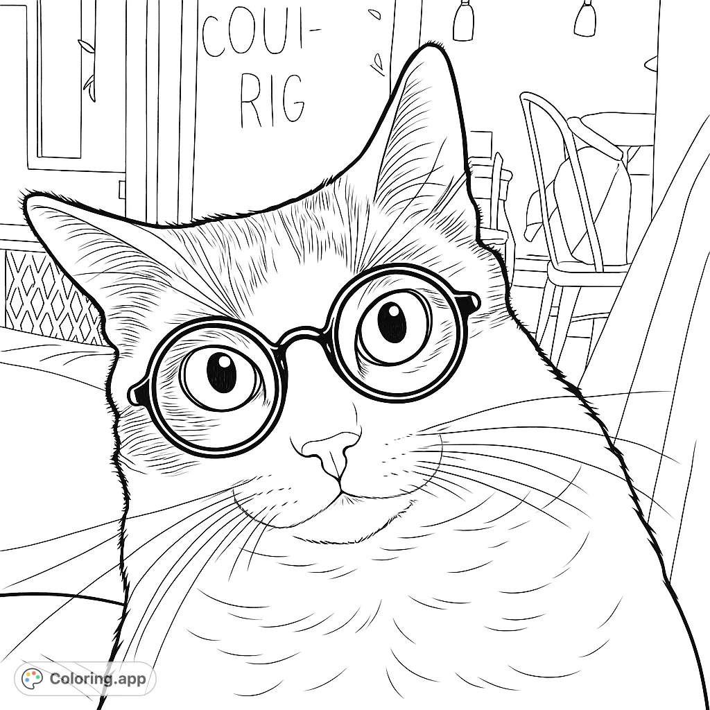 A charming cat wearing round spectacles, ready for a clever coloring adventure. Perfect for animal lovers and those who enjoy whimsical designs.