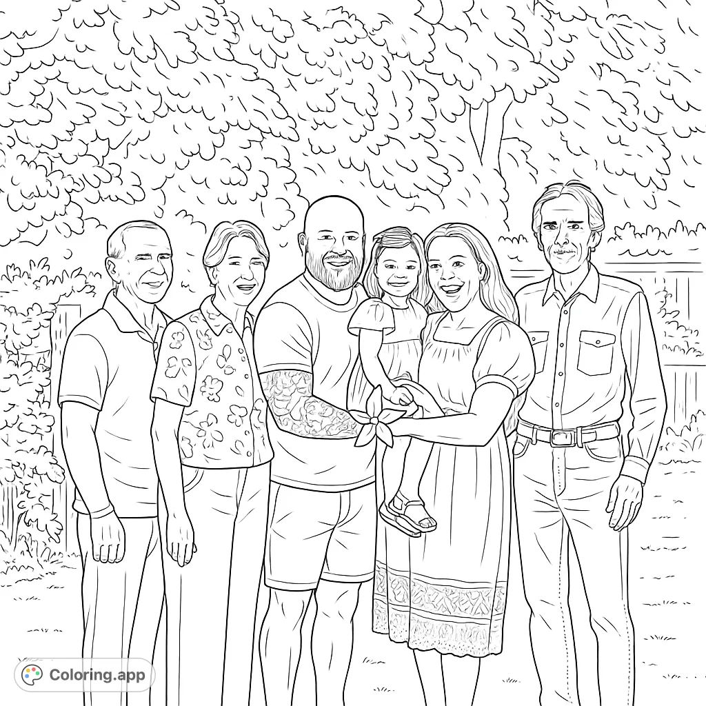 A heartwarming family garden portrait featuring multiple generations smiling outdoors. A perfect family coloring page for all ages, capturing a moment of togetherness.