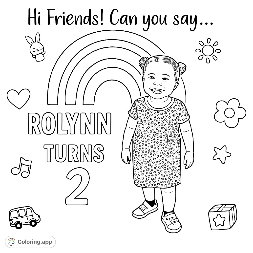 Celebrate a special birthday with this delightful coloring page featuring a smiling child, a cheerful rainbow, and festive elements.