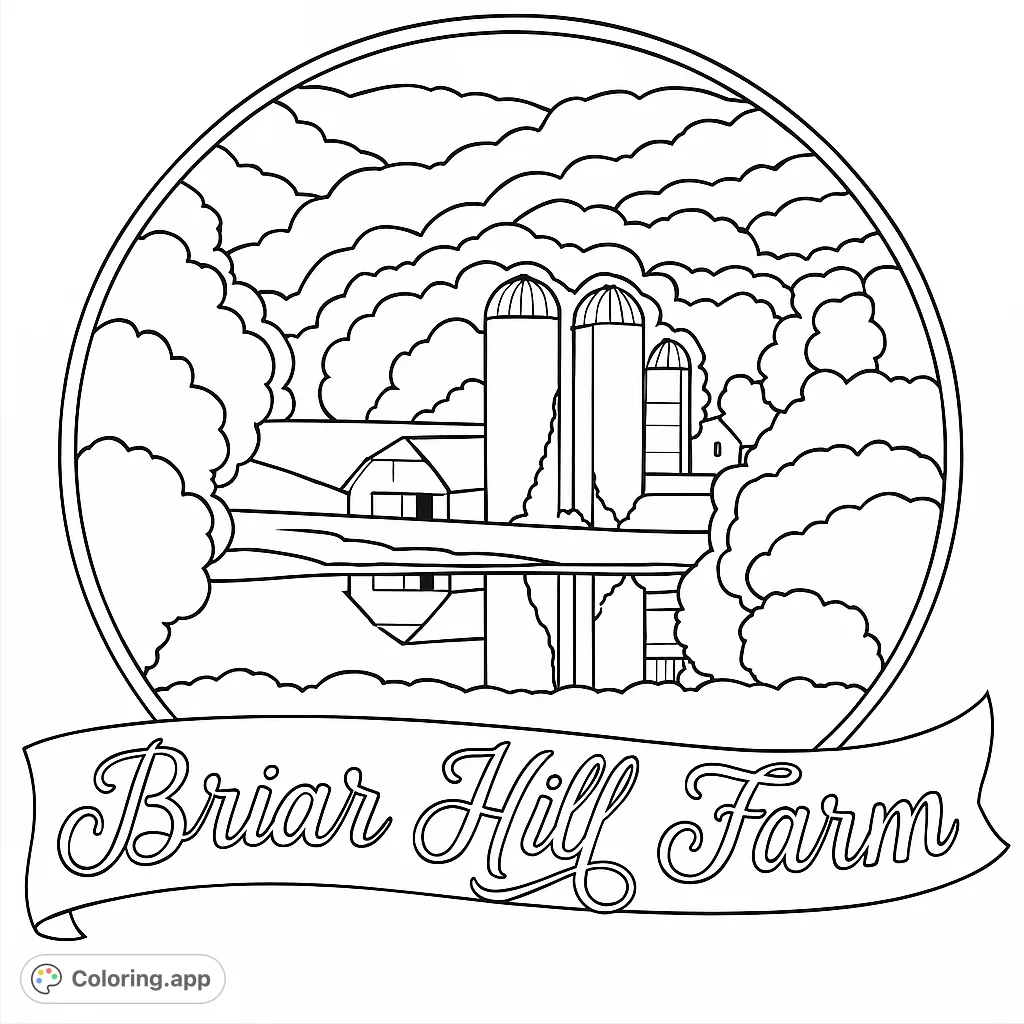 A charming farm scene with silos, a barn, and a house, nestled among hills and trees, with a water reflection, all within a circular frame and a decorative banner.