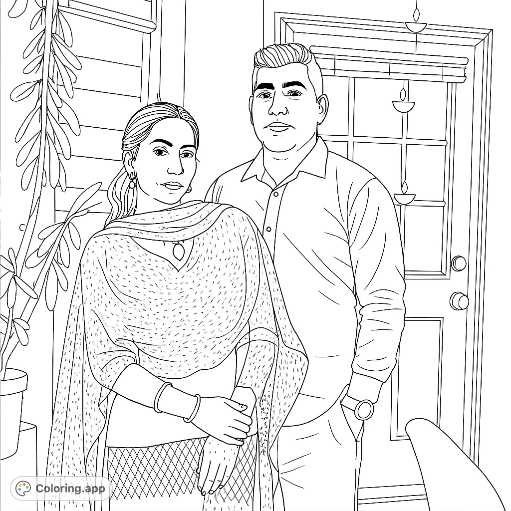 A detailed coloring page featuring a couple in traditional attire amidst festive decorations, perfect for celebrating cultural heritage and intricate patterns.