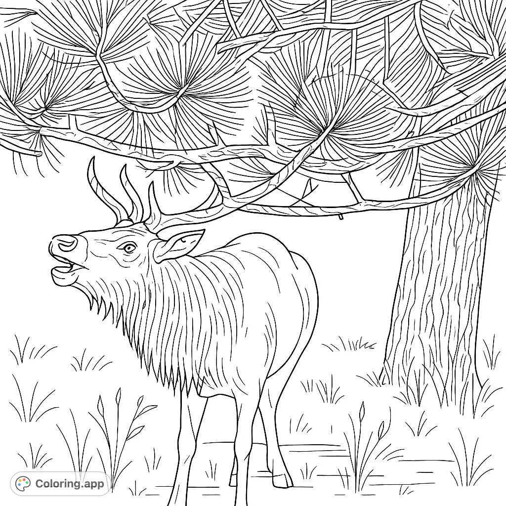 Capture the wild spirit of a majestic elk bugling under a pine tree in Art Deco style. This free printable coloring page offers intricate details for a rewarding experience.