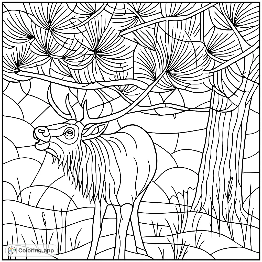 A majestic elk bugles under a pine tree, rendered in a stunning stained glass style. This intricate elk coloring page offers a unique artistic challenge.
