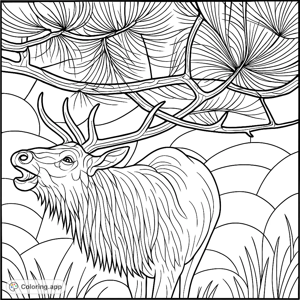 Color a majestic elk with impressive antlers in a stunning stained glass style. This intricate design captures the wild beauty of nature.