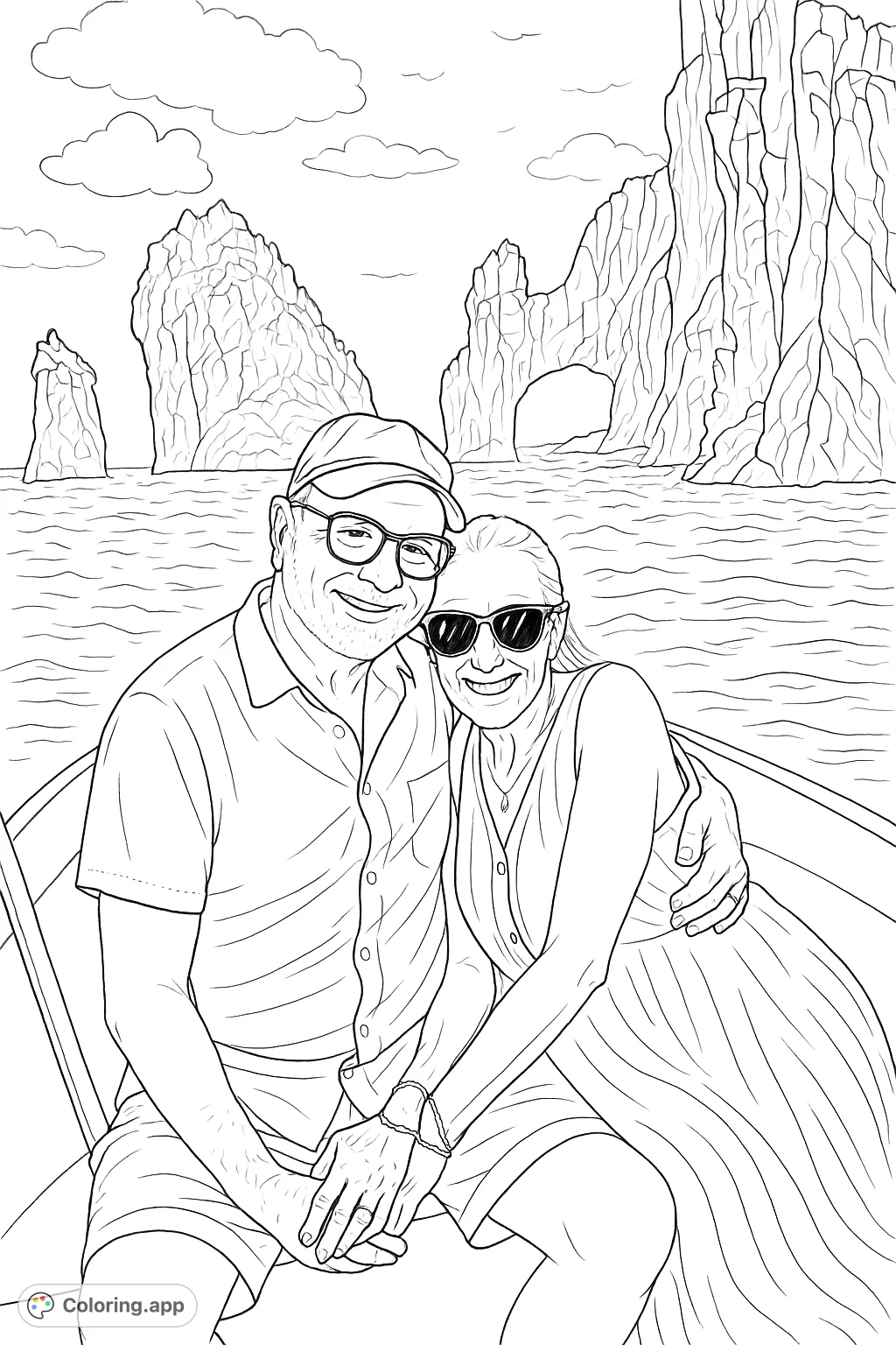 A happy couple on a boat, enjoying a scenic ocean journey past majestic rock formations and a natural arch. Perfect for a relaxing coloring experience.
